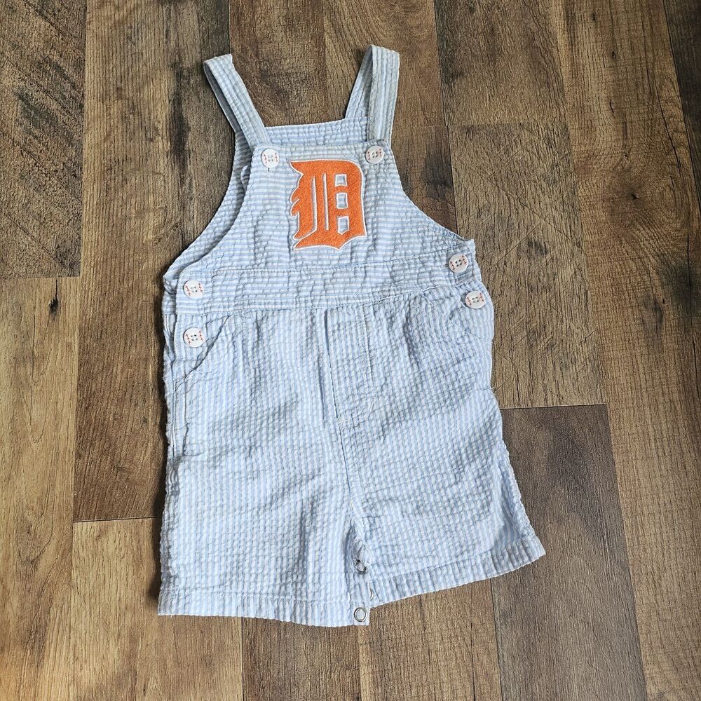 Vintage Detroit Tigers Seersucker Overalls 12 Months MLB Baseball Babycore
